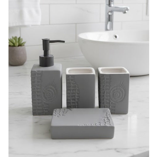Elegant Grey Ceramic Bathroom Accessory Set | 4-Piece Embossed Design