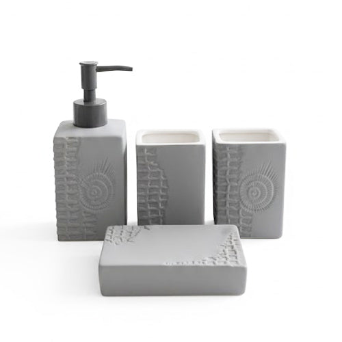 Elegant Grey Ceramic Bathroom Accessory Set | 4-Piece Embossed Design
