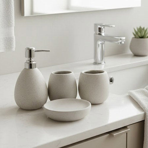 Modern Organic 4-Piece Granite-Style Bathroom Accessory Set | Speckled Taupe Ceramic Vanity Organizer