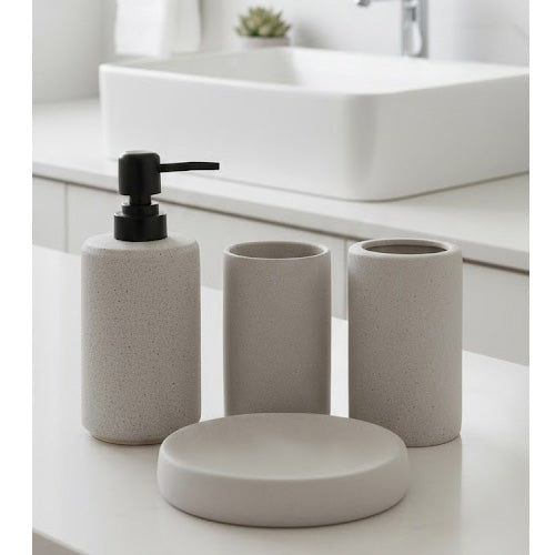 Modern 4-Piece Granite-Style Bathroom Accessory Set | Speckled Greige Ceramic Vanity Organizer