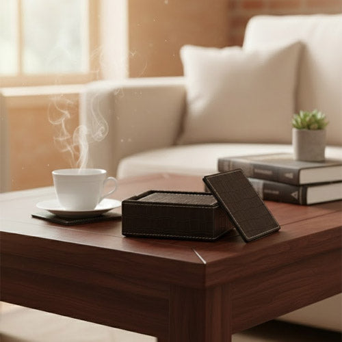 Luxury Artificial Leather Coaster Set (6-Pack) | Square PU Leather Drink Coasters with Storage Holder