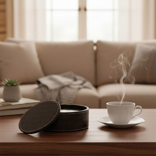 Round PU Leather Coaster Set (6-Pack) | Artificial Leather Drink Coasters with Storage Holder