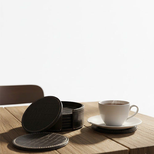 Round PU Leather Coaster Set (6-Pack) | Artificial Leather Drink Coasters with Storage Holder