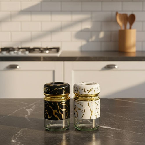 Elegant Black & White Mini Jars with Gold Vein Marble Effect | Decorative Storage | Salt n Pepper