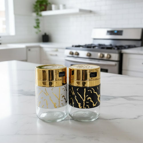 Luxurious Black & White Marble-Effect Mini Salt and Pepper Shakers with Gold Cap