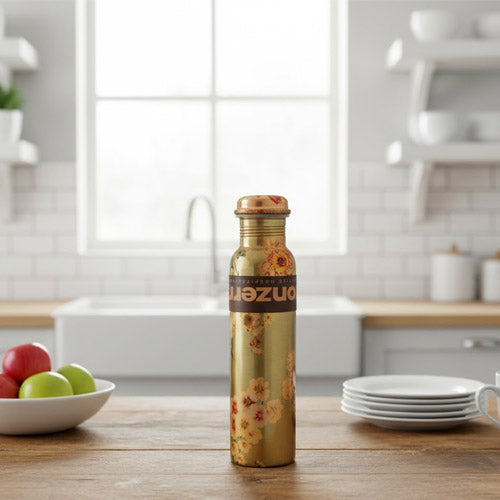 Elegant Gold Floral Pattern Pure Copper Water Bottle (800ml) | Artistic Hydration Flask