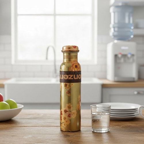 Elegant Gold Floral Pattern Pure Copper Water Bottle (800ml) | Artistic Hydration Flask