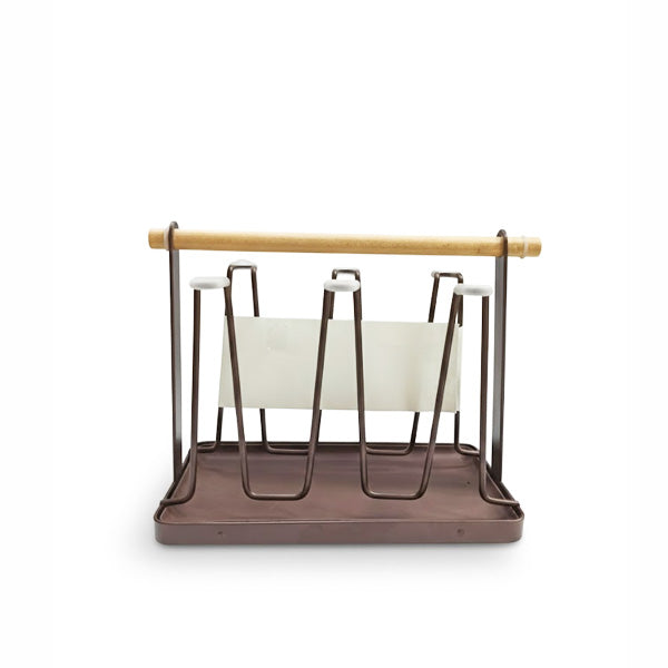 Rustic Brown Metal Glass & Mug Drying Rack Stand with Natural Wood Handle