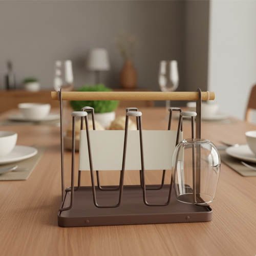 Rustic Brown Metal Glass & Mug Drying Rack Stand with Natural Wood Handle