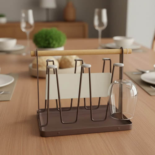 Rustic Brown Metal Glass & Mug Drying Rack Stand with Natural Wood Handle