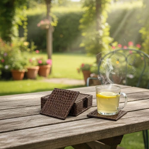 Luxury Artificial Leather Coaster Set (6-Pack) | Square PU Leather Drink Coasters with Storage Holder