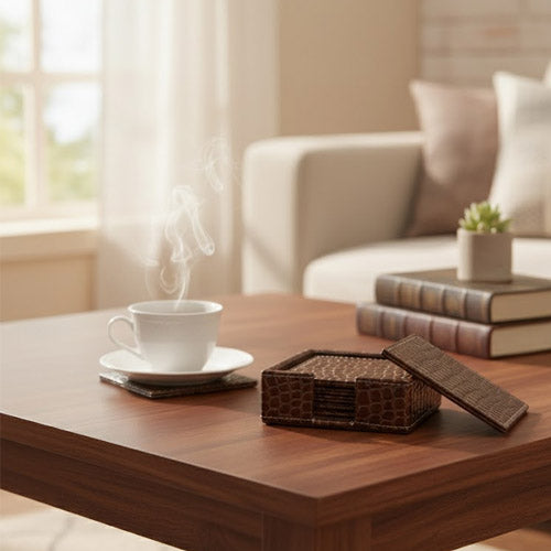 Luxury Artificial Leather Coaster Set (6-Pack) | Square PU Leather Drink Coasters with Storage Holder