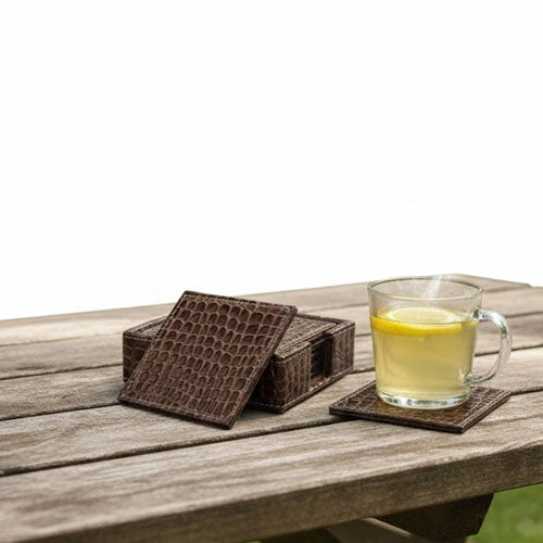 Luxury Artificial Leather Coaster Set (6-Pack) | Square PU Leather Drink Coasters with Storage Holder