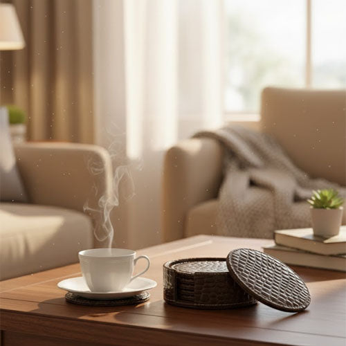 Round PU Leather Coaster Set (6-Pack) | Artificial Leather Drink Coasters with Storage Holder