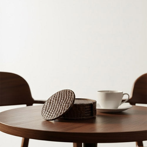 Round PU Leather Coaster Set (6-Pack) | Artificial Leather Drink Coasters with Storage Holder