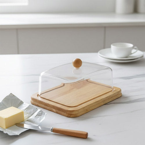 Aesthetic Wood Base Butter Dish with Clear Acrylic Dome | Modern Countertop Butter Keeper