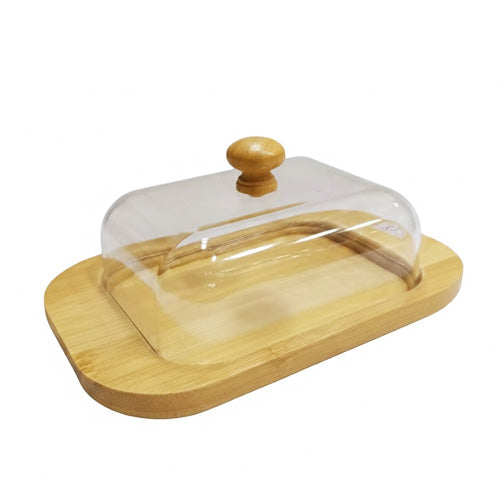 Modern Wood Base Butter Dish with Clear Acrylic Dome Cover | Countertop Butter Keeper