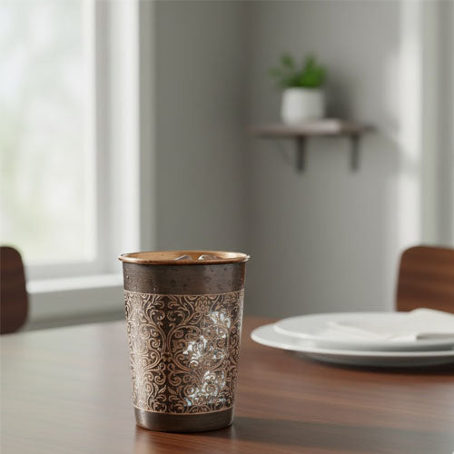 Ornate Carved Copper/Bronze-Look Water Tumbler | Decorative Bathroom Cup