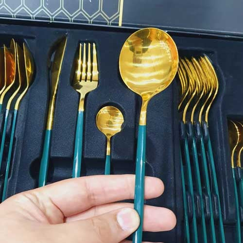 Luxurious 24-Piece Gold & Teal Polished Cutlery Set | Modern Dinnerware 6 Person Serving