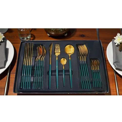 Luxurious 24-Piece Gold & Teal Polished Cutlery Set | Modern Dinnerware 6 Person Serving