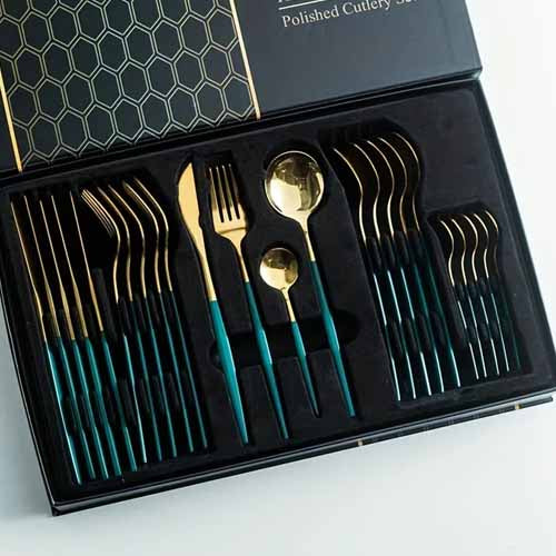 Luxurious 24-Piece Gold & Teal Polished Cutlery Set | Modern Dinnerware 6 Person Serving