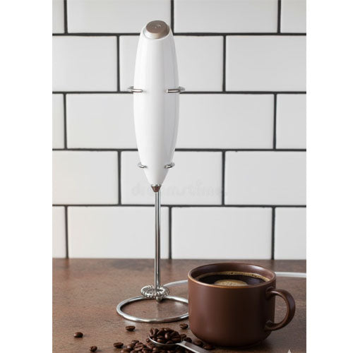 Elegant White Cordless Electric Milk Frother with Stainless Steel Display Stand