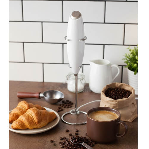 Elegant White Cordless Electric Milk Frother with Stainless Steel Display Stand