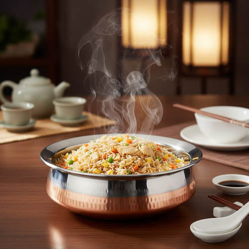 Two-Tone Copper Exterior / Steel Interior Handi Serving Bowl with Glass Lid