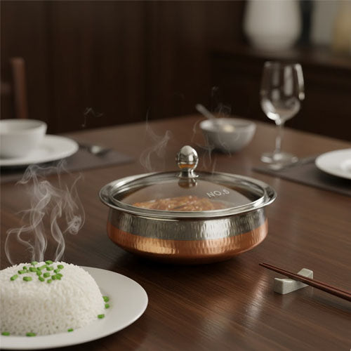 Two-Tone Copper Exterior / Steel Interior Handi Serving Bowl with Glass Lid