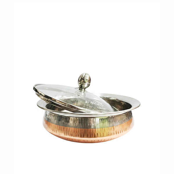 Two-Tone Copper Exterior / Steel Interior Handi Serving Bowl with Glass Lid