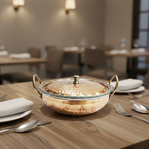 Traditional Copper Exterior / Stainless Steel Interior Karahi Serving Dish with Lid