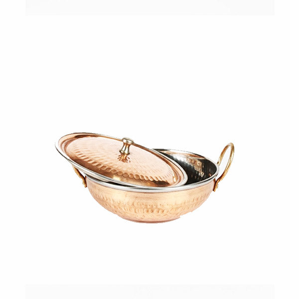 Traditional Copper Exterior / Stainless Steel Interior Karahi Serving Dish with Lid