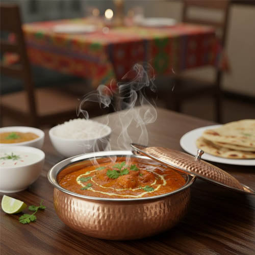 Pure Copper Outside, Steel Inside Hammered Karahi Serving Set with Lids