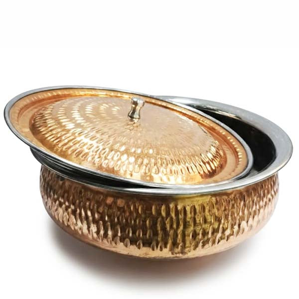 Pure Copper Outside, Steel Inside Hammered Karahi Serving Set with Lids