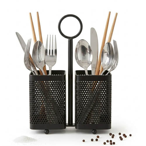 Industrial 2-Compartment Matte Black Metal Cutlery Holder | Perforated Mesh Spoon Stand