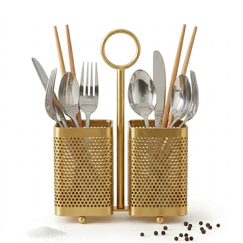 Industrial 2-Compartment Matte Black Metal Cutlery Holder | Perforated Mesh Spoon Stand