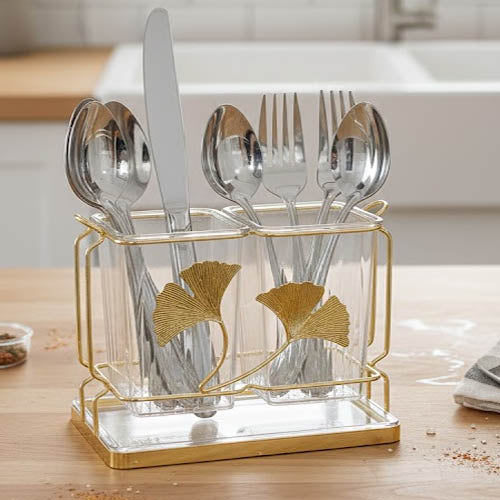 Luxury 2-Compartment Acrylic Cutlery Holder | Gold Ginkgo Leaf Tabletop Utensil Caddy