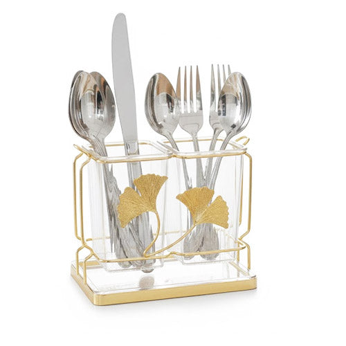 Luxury 2-Compartment Acrylic Cutlery Holder | Gold Ginkgo Leaf Tabletop Utensil Caddy
