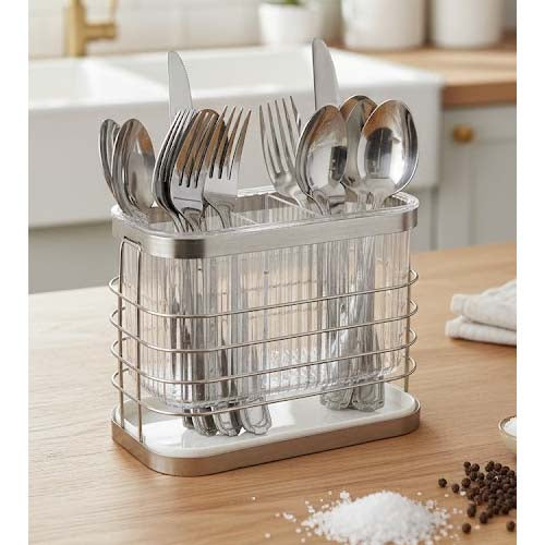 Durable 3-Compartment Stainless Steel Cutlery Holder | Modern Flatware Organizer & Draining Caddy
