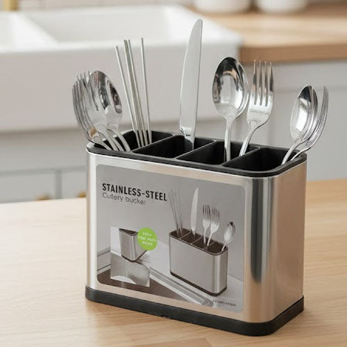 Durable Stainless Steel 4-Partition Cutlery Holder | Modern Utensil & Chopstick Drying Caddy
