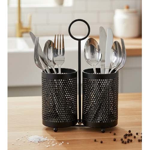 Industrial 2-Compartment Matte Black Metal Cutlery Holder | Perforated Mesh Spoon Stand