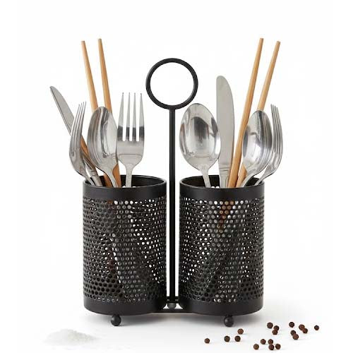 Industrial 2-Compartment Matte Black Metal Cutlery Holder | Perforated Mesh Spoon Stand