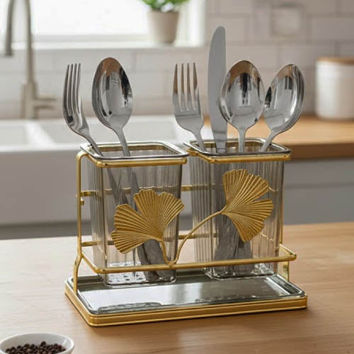 Luxury 2-Compartment Acrylic Cutlery Holder | Gold Ginkgo Leaf Tabletop Utensil Caddy