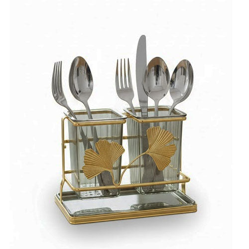 Luxury 2-Compartment Acrylic Cutlery Holder | Gold Ginkgo Leaf Tabletop Utensil Caddy