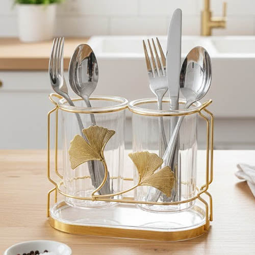 Luxury 2-Compartment Acrylic Cutlery Holder | Gold Ginkgo Leaf Tabletop Utensil Caddy