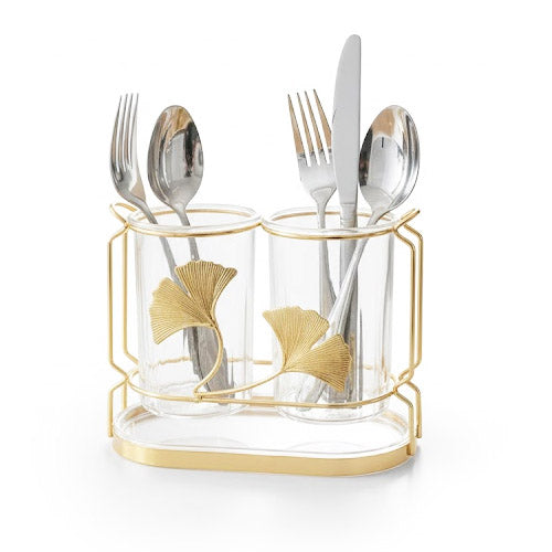 Luxury 2-Compartment Acrylic Cutlery Holder | Gold Ginkgo Leaf Tabletop Utensil Caddy