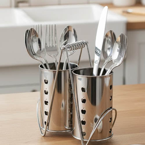 Modern Stainless Steel 2-Compartment Cutlery Holder | Decorative Apple Cutout Spoon Caddy with Handle