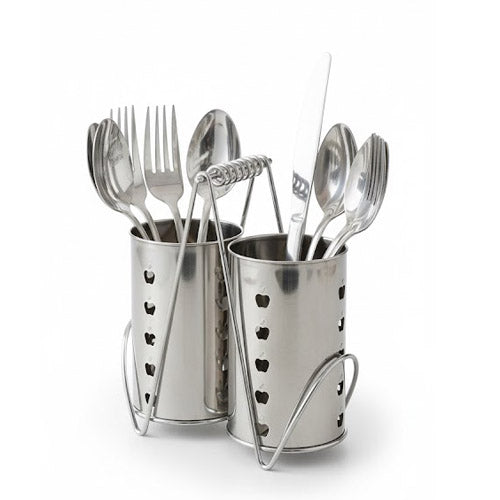 Modern Stainless Steel 2-Compartment Cutlery Holder | Decorative Apple Cutout Spoon Caddy with Handle