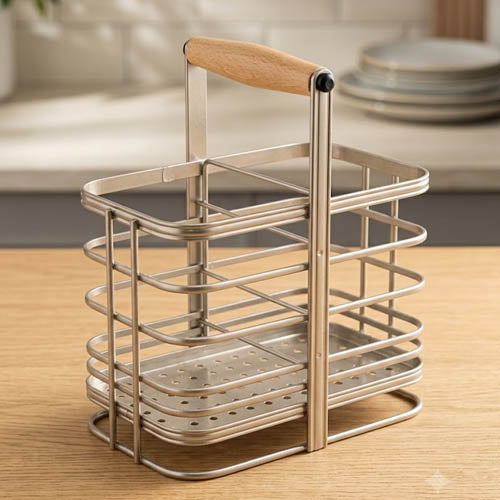 Premium Stainless Steel Cutlery Holder with Wooden Handle – Spoon, Fork & Knife Organizer Stand