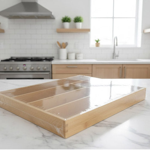 Large Bamboo Cutlery Tray | Premium 6-Slot Wooden Flatware Organizer for Deep Kitchen Drawers